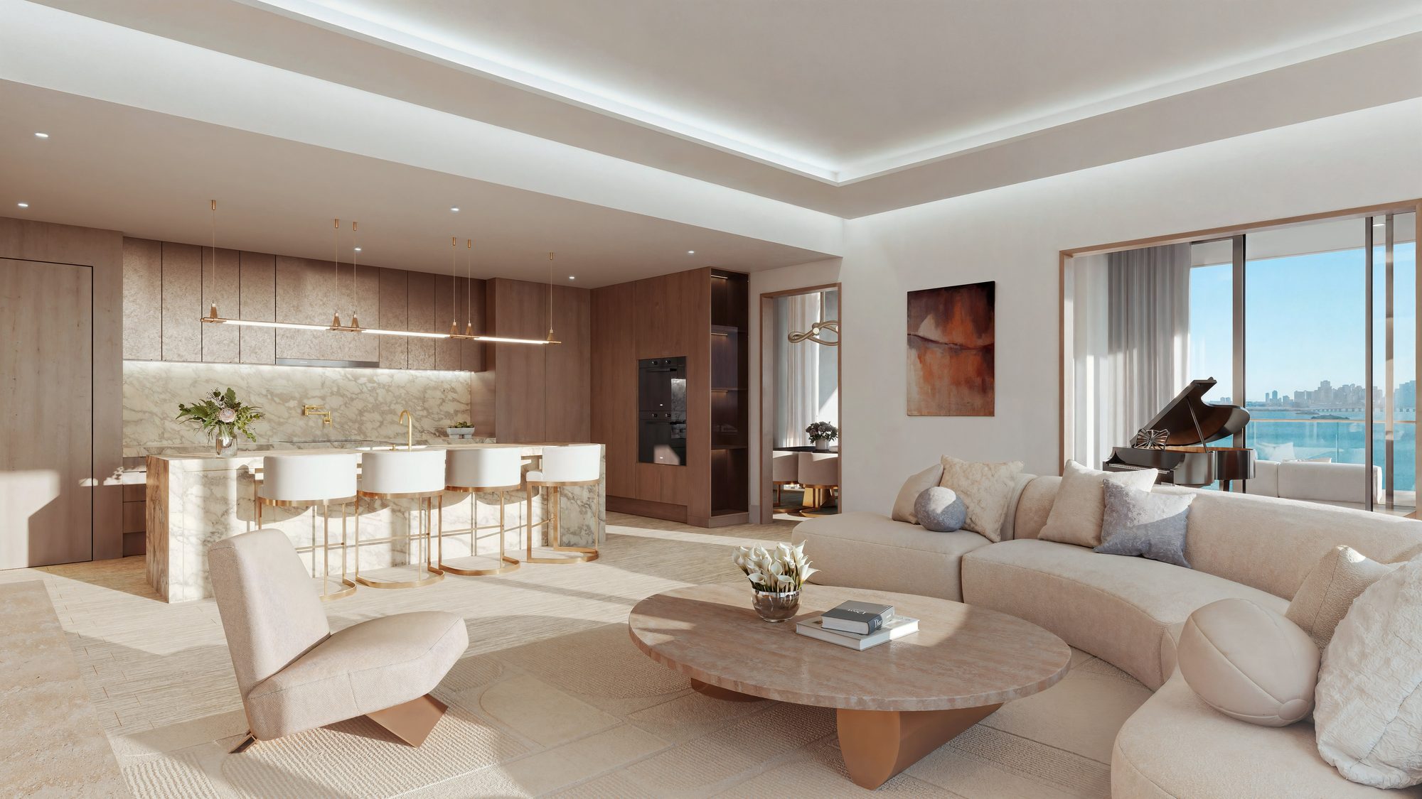 Penthouse living room and kitchen